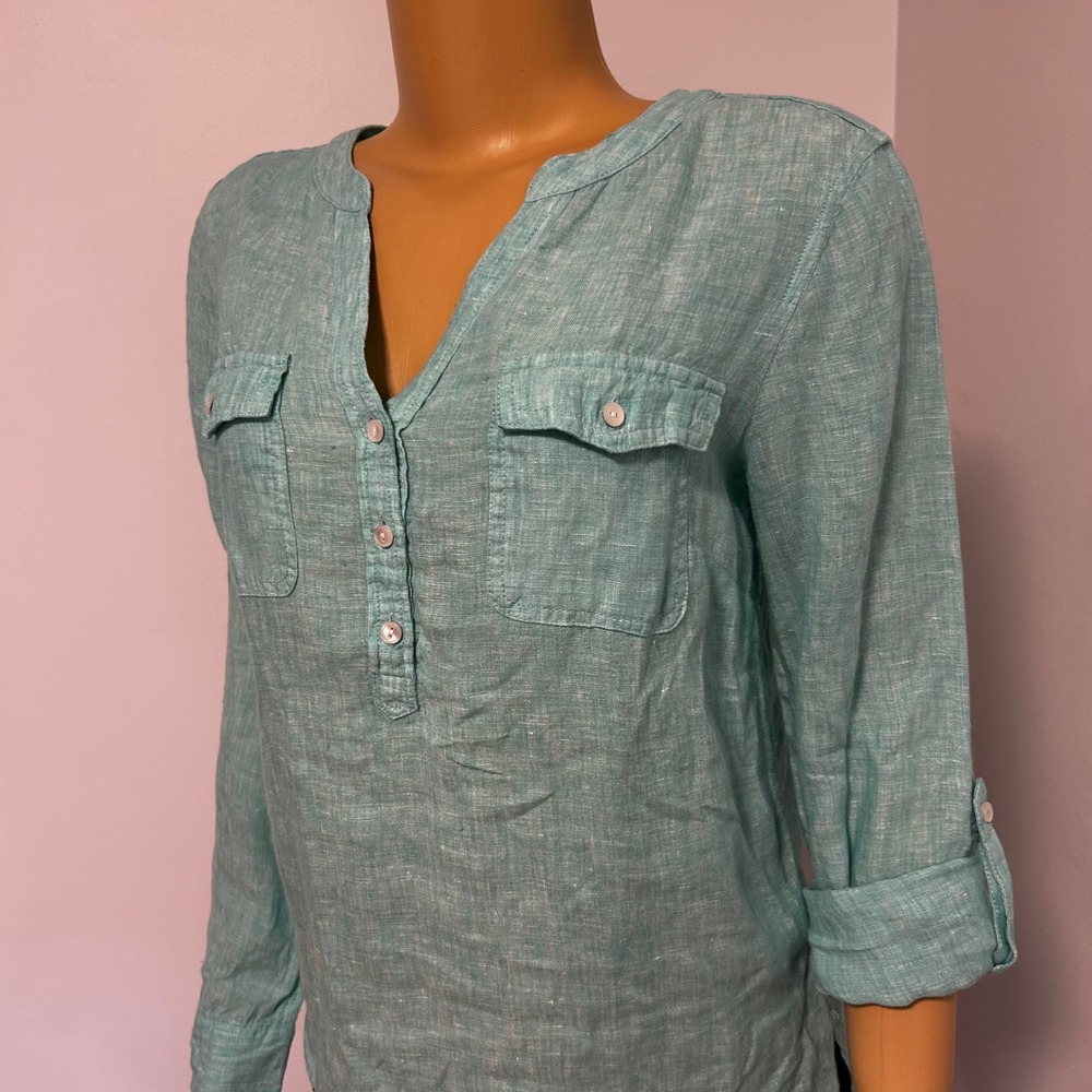 TALBOTS Women's Aqua Blue Linen Blend V Neck Roll Tab Sleeve Shirt Top Size S - Picture 2 of 6